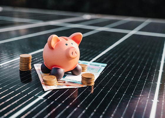 Cerdito hucha sobre una placa fotovoltaica simulando ahorro