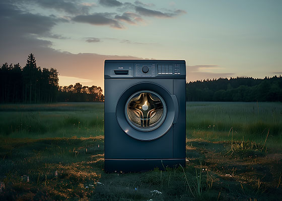 Lavadora en un paisaje al atardecer